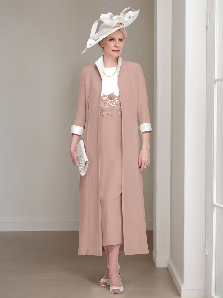 2 Pieces Round Neck Tea-Length Mother of the Bride Dresses with Jacket & Lace Appliques