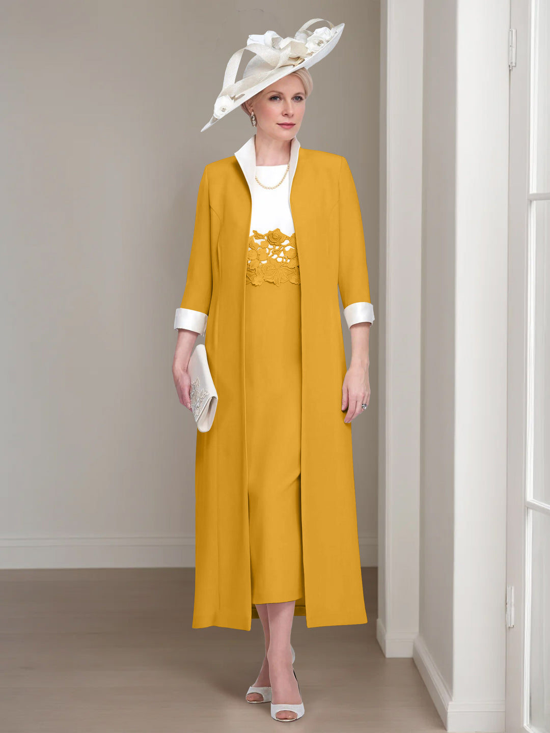 2 Pieces Round Neck Tea-Length Mother of the Bride Dresses with Jacket & Lace Appliques