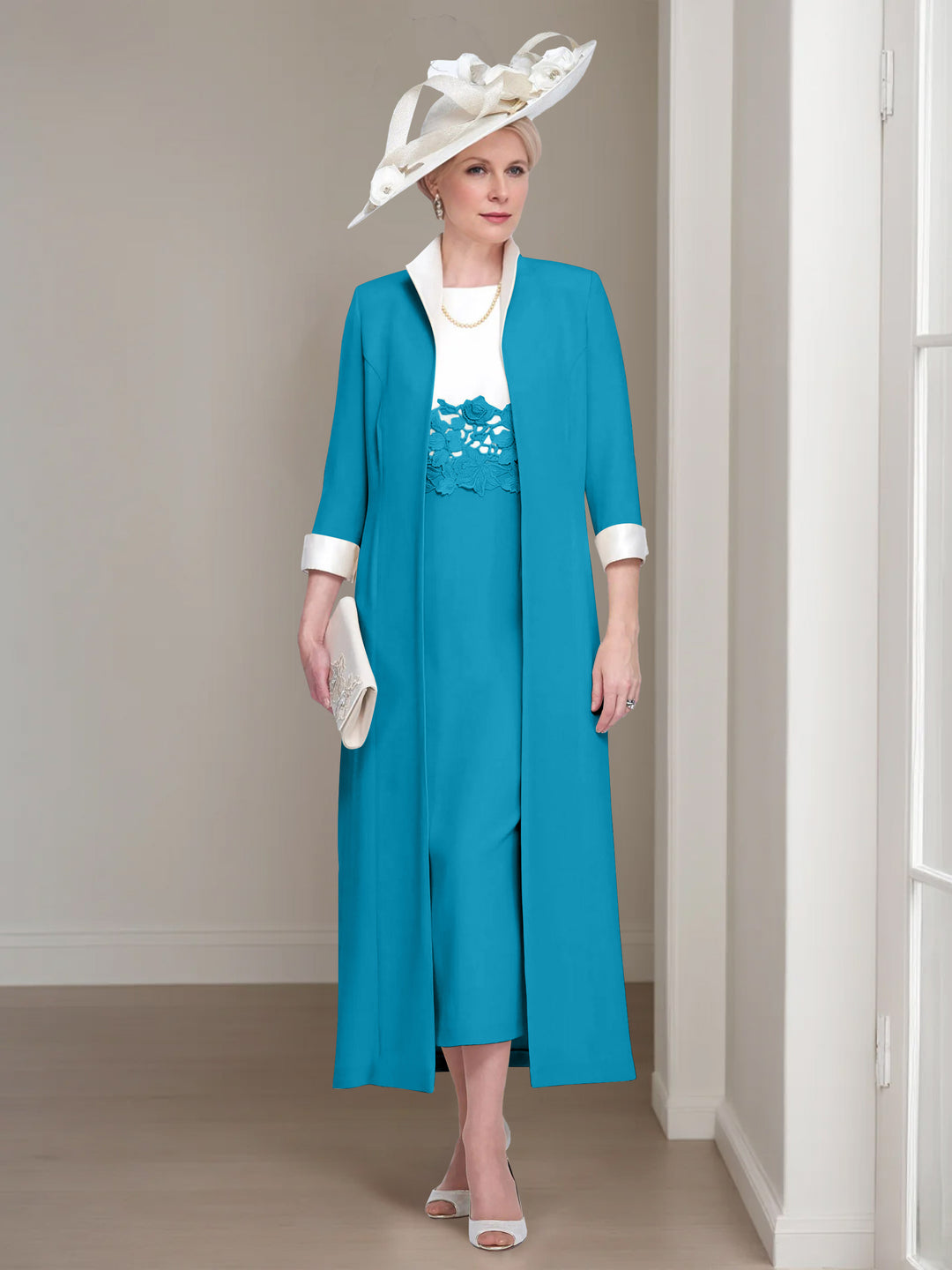 2 Pieces Round Neck Tea-Length Mother of the Bride Dresses with Jacket & Lace Appliques