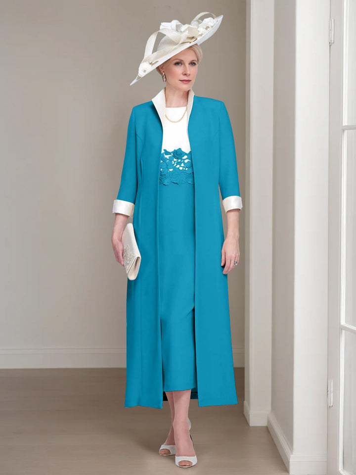 2 Pieces Round Neck Tea-Length Mother of the Bride Dresses with Jacket & Lace Appliques