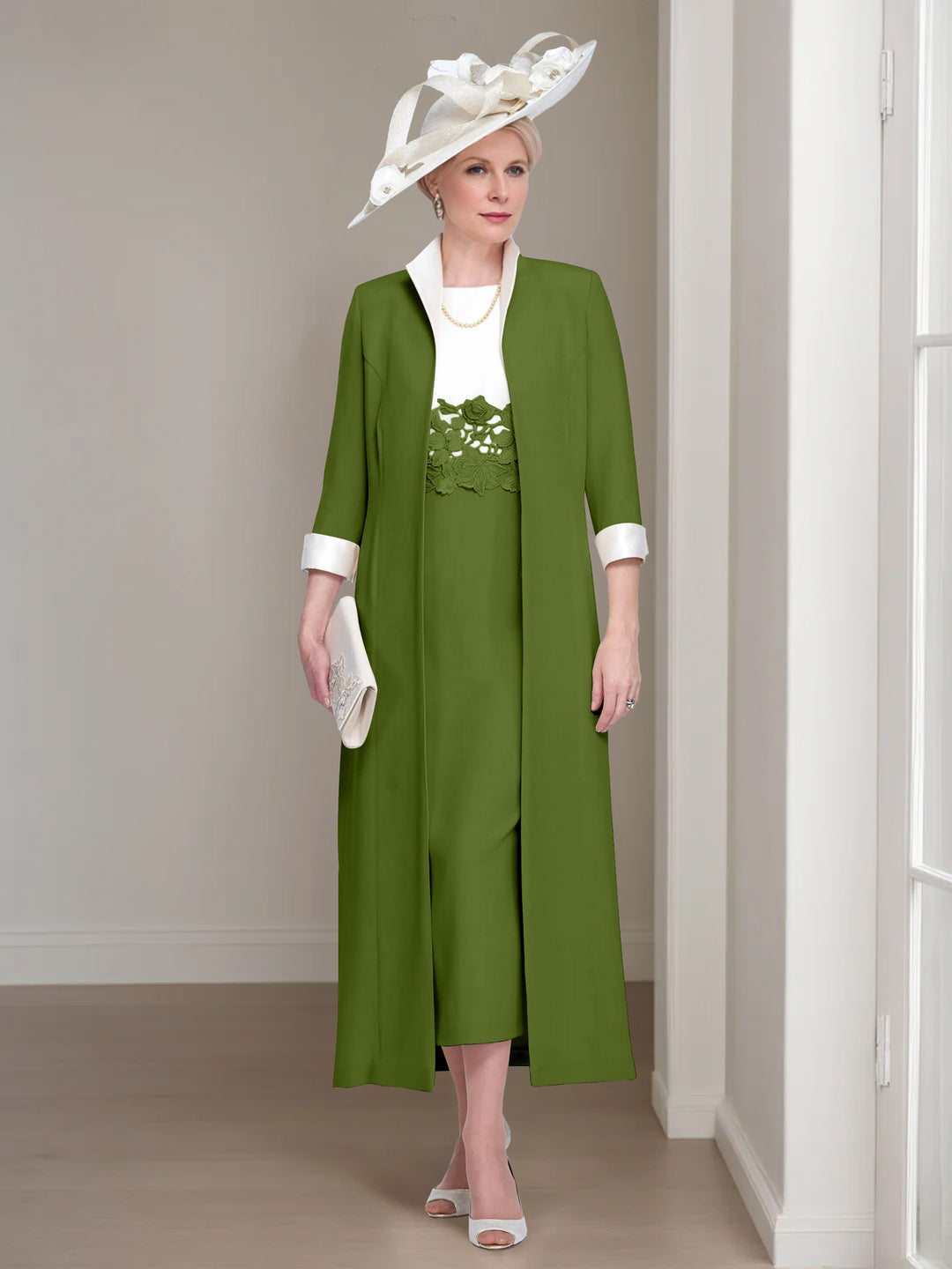 2 Pieces Round Neck Tea-Length Mother of the Bride Dresses with Jacket & Lace Appliques