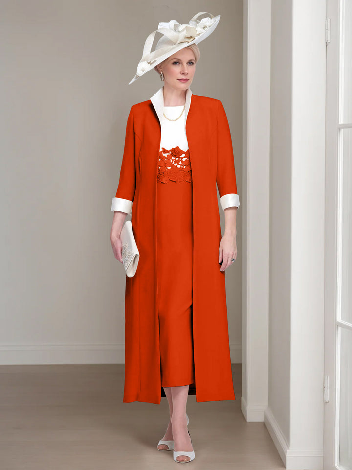 2 Pieces Round Neck Tea-Length Mother of the Bride Dresses with Jacket & Lace Appliques