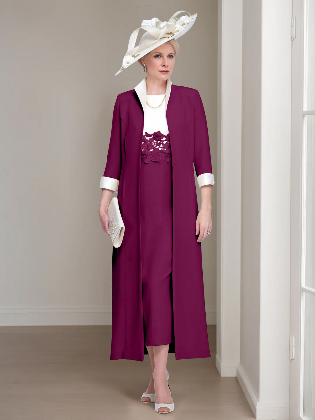 2 Pieces Round Neck Tea-Length Mother of the Bride Dresses with Jacket & Lace Appliques