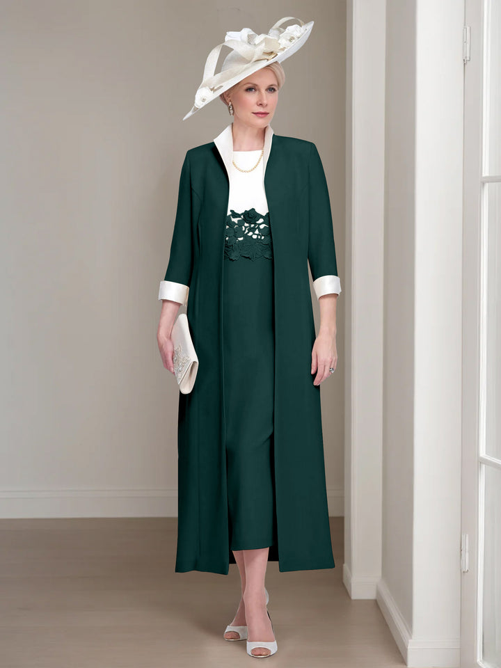 2 Pieces Round Neck Tea-Length Mother of the Bride Dresses with Jacket & Lace Appliques