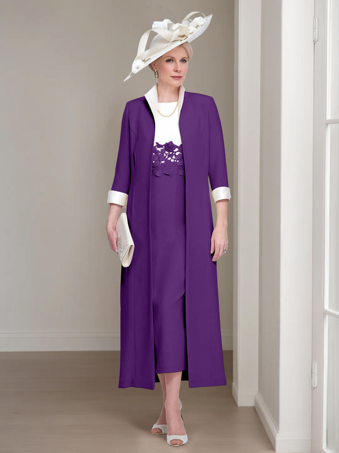 2 Pieces Round Neck Tea-Length Mother of the Bride Dresses with Jacket & Lace Appliques