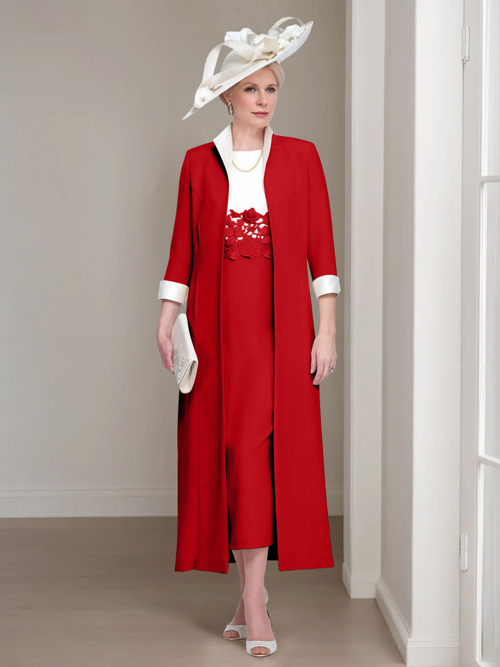2 Pieces Round Neck Tea-Length Mother of the Bride Dresses with Jacket & Lace Appliques