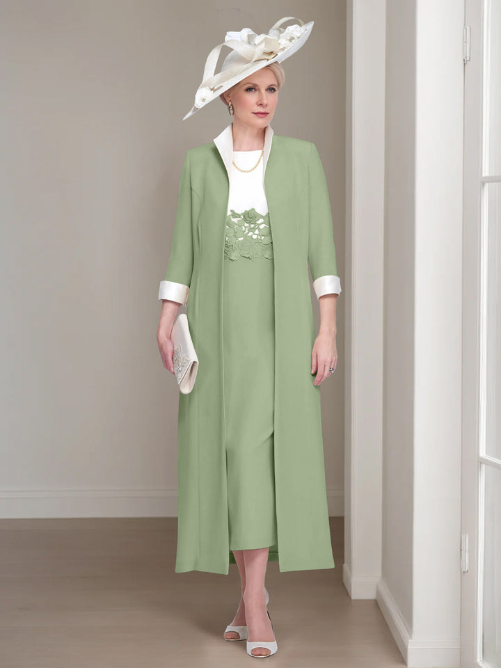 2 Pieces Round Neck Tea-Length Mother of the Bride Dresses with Jacket & Lace Appliques