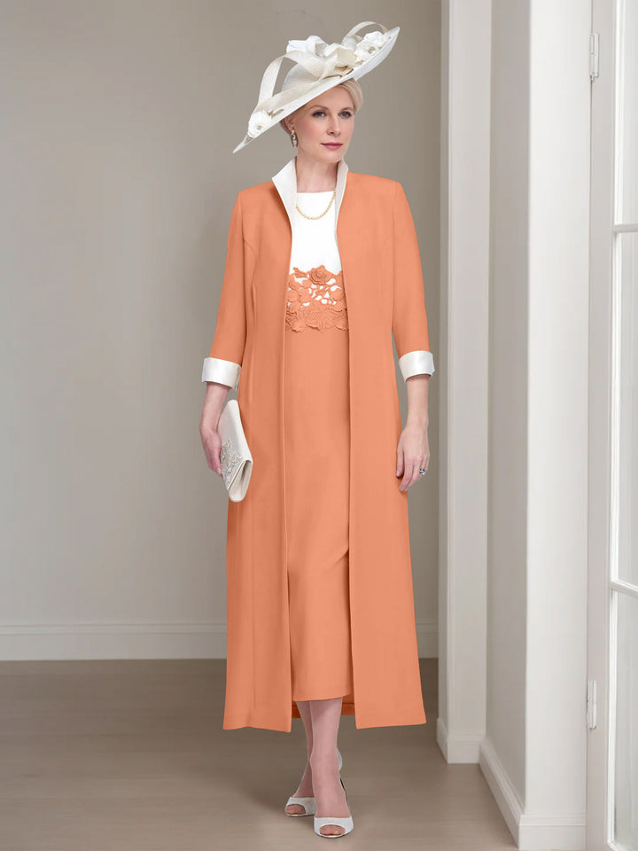2 Pieces Round Neck Tea-Length Mother of the Bride Dresses with Jacket & Lace Appliques