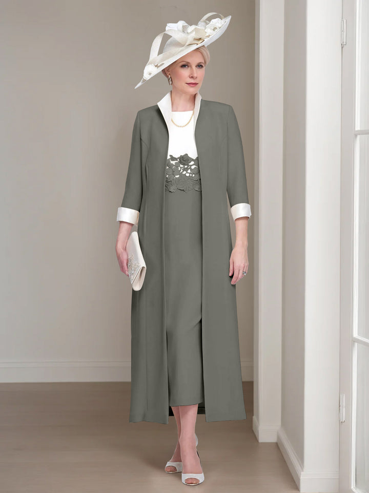 2 Pieces Round Neck Tea-Length Mother of the Bride Dresses with Jacket & Lace Appliques