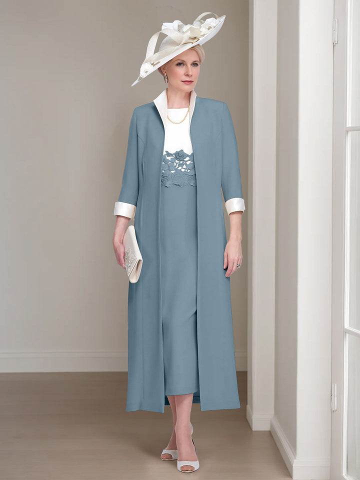 2 Pieces Round Neck Tea-Length Mother of the Bride Dresses with Jacket & Lace Appliques