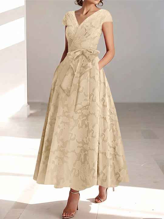A-Line/Princess V-Neck Short Sleeves Ankle-Length Rose Lace Applique Mother of the Bride Dresses With Pockets &amp; Ruffles
