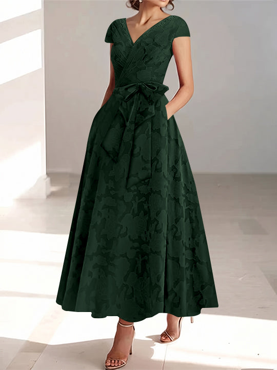 A-Line/Princess V-Neck Short Sleeves Ankle-Length Rose Lace Applique Mother of the Bride Dresses With Pockets &amp; Ruffles