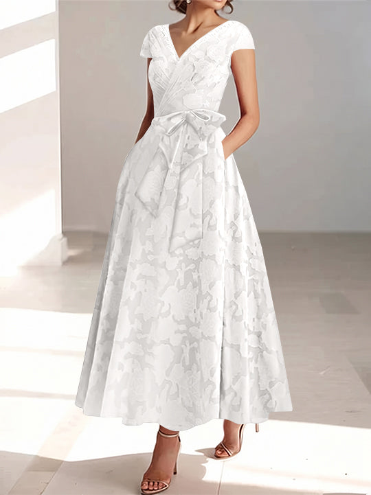 A-Line/Princess V-Neck Short Sleeves Ankle-Length Rose Lace Applique Mother of the Bride Dresses With Pockets &amp; Ruffles