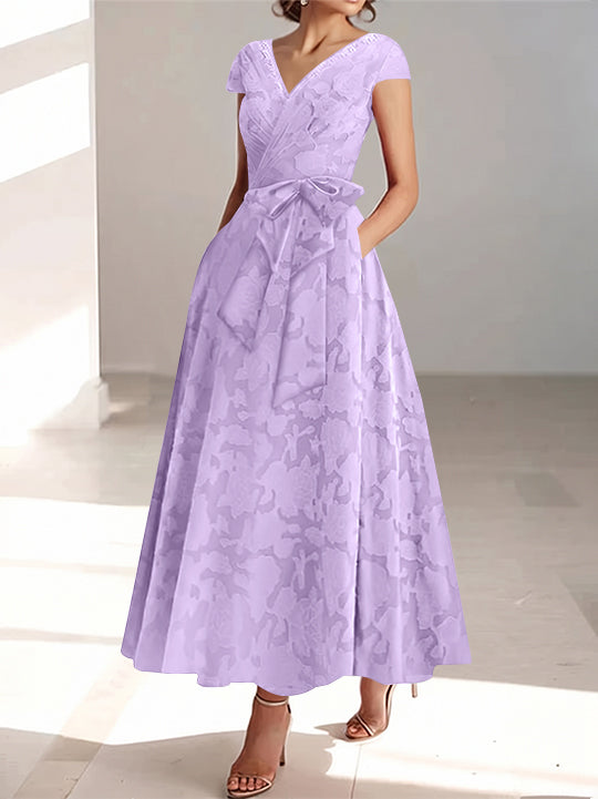 A-Line/Princess V-Neck Short Sleeves Ankle-Length Rose Lace Applique Mother of the Bride Dresses With Pockets &amp; Ruffles