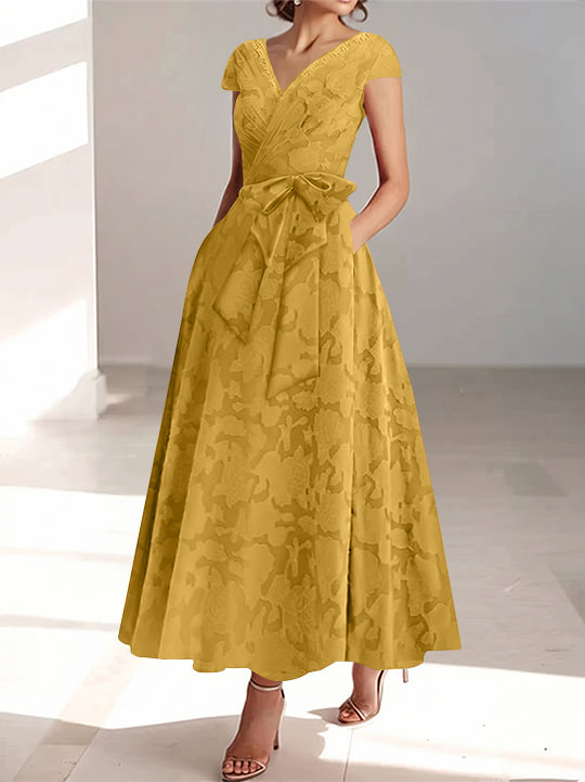 A-Line/Princess V-Neck Short Sleeves Ankle-Length Rose Lace Applique Mother of the Bride Dresses With Pockets &amp; Ruffles