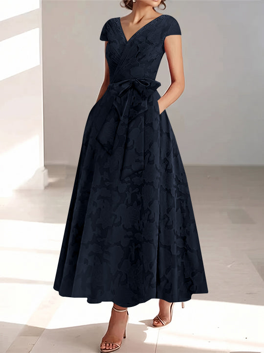 A-Line/Princess V-Neck Short Sleeves Ankle-Length Rose Lace Applique Mother of the Bride Dresses With Pockets &amp; Ruffles