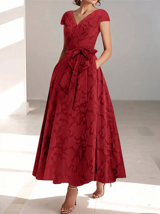 A-Line/Princess V-Neck Short Sleeves Ankle-Length Rose Lace Applique Mother of the Bride Dresses With Pockets &amp; Ruffles