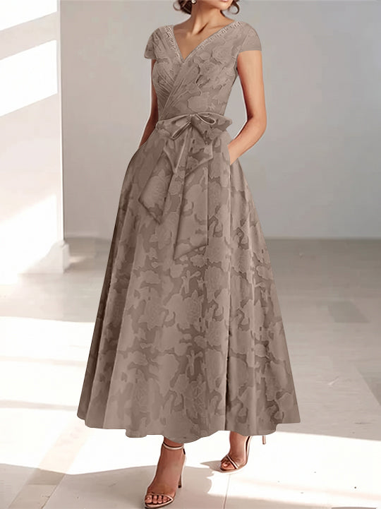 A-Line/Princess V-Neck Short Sleeves Ankle-Length Rose Lace Applique Mother of the Bride Dresses With Pockets &amp; Ruffles