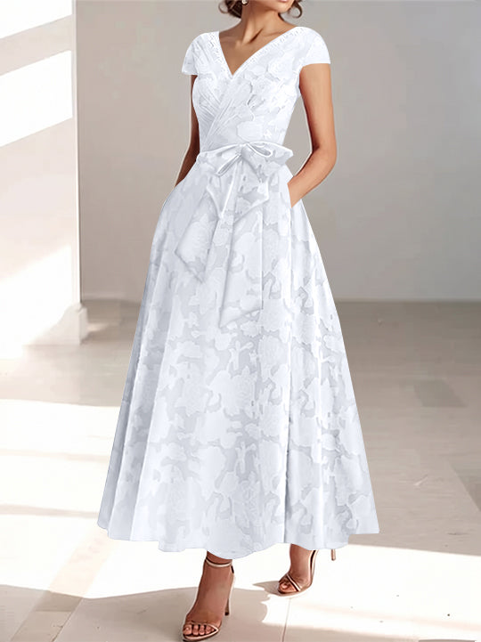 A-Line/Princess V-Neck Short Sleeves Ankle-Length Rose Lace Applique Mother of the Bride Dresses With Pockets &amp; Ruffles