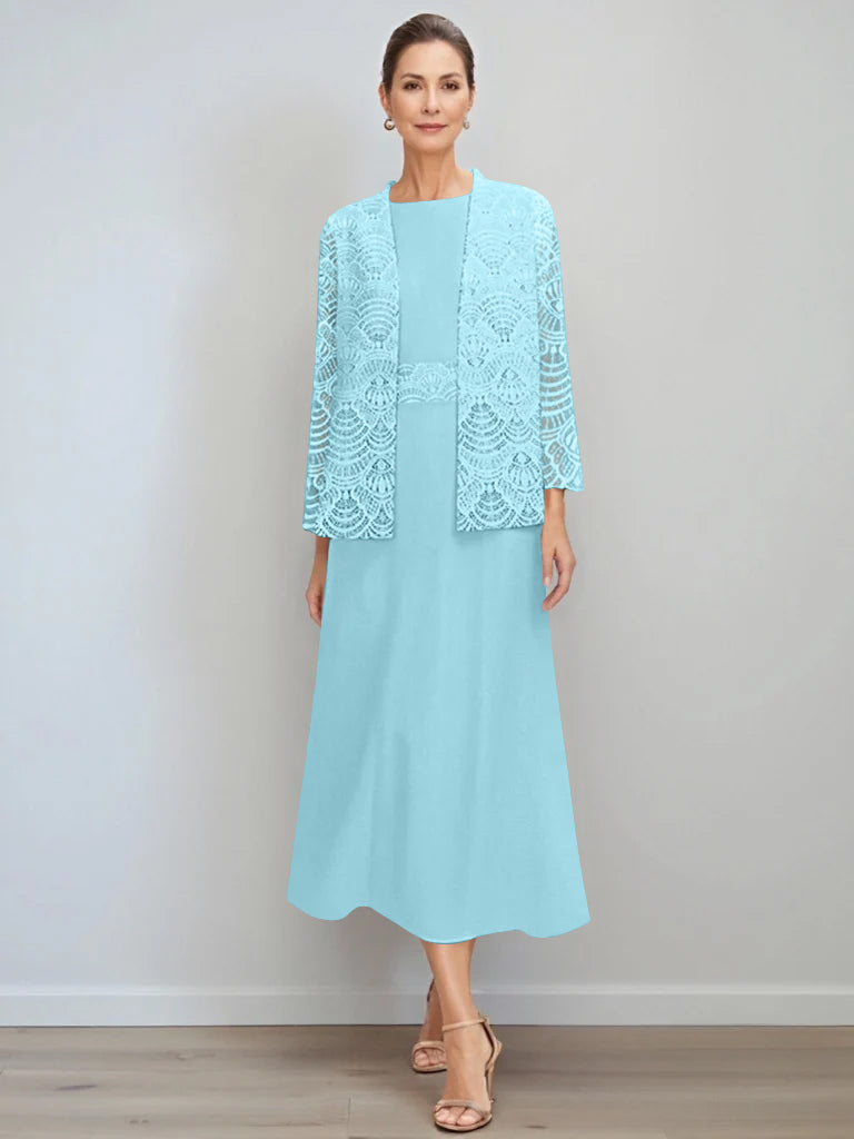A-Line/Princess Jewel Neck Tea Length Mother of the Bride Dresses with Jacket & Lace