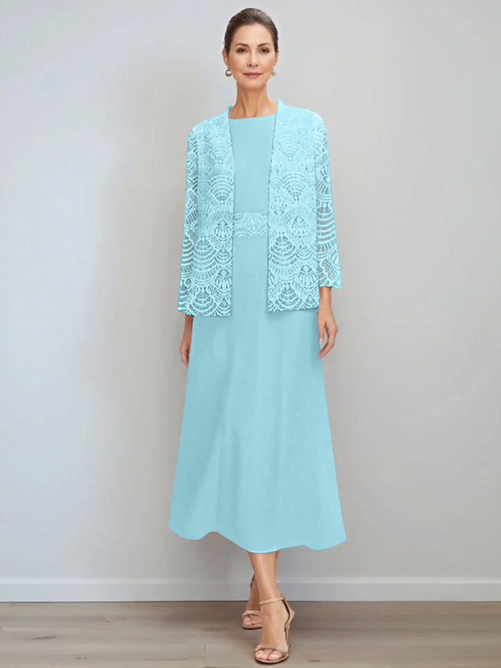 A-Line/Princess Jewel Neck Tea Length Mother of the Bride Dresses with Jacket & Lace