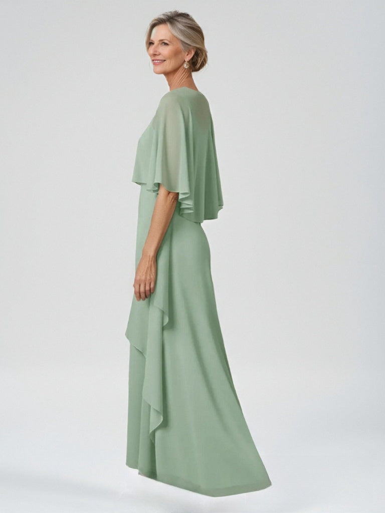A-Line/Princess Scoop Half Sleeves Floor-Length Chiffon Mother of the Bride Dresses
