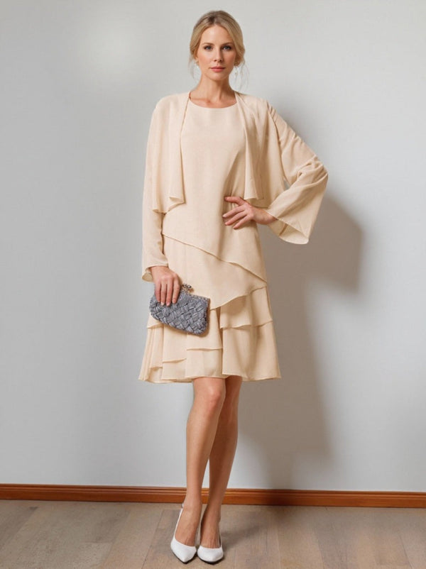 A-Line/Princess Scoop Neck Knee-Length Chiffon Mother of the Bride Dresses with Jacket & Ruffles