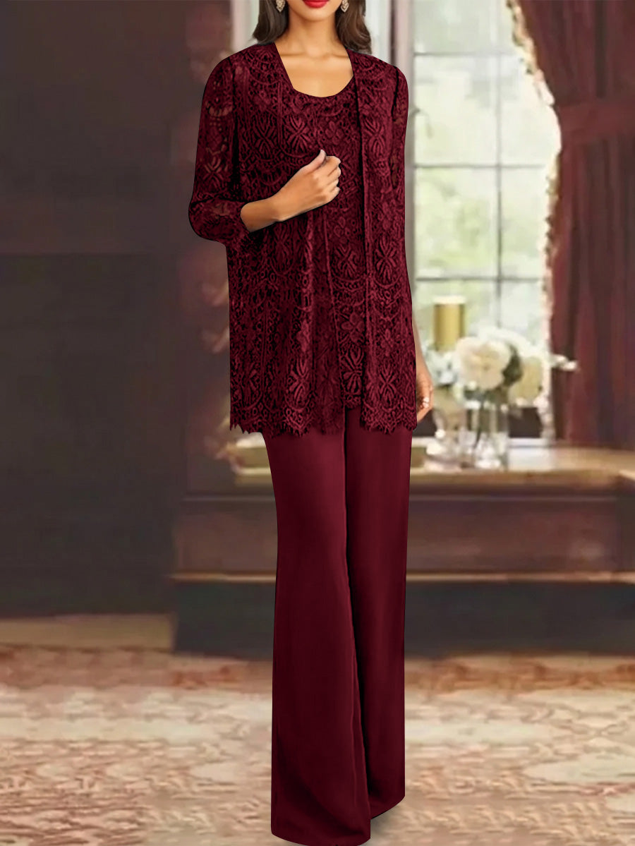 Chiffon Lace Scoop Ankle-Length Mother of the Bride Pantsuits with Jacket