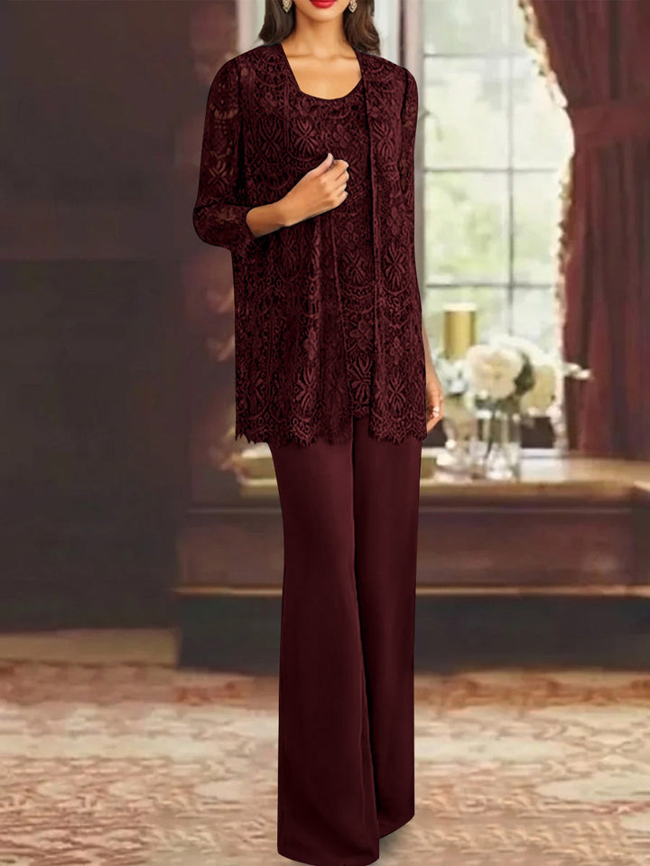 Chiffon Lace Scoop Ankle-Length Mother of the Bride Pantsuits with Jacket