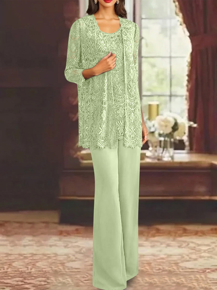 Chiffon Lace Scoop Ankle-Length Mother of the Bride Pantsuits with Jacket