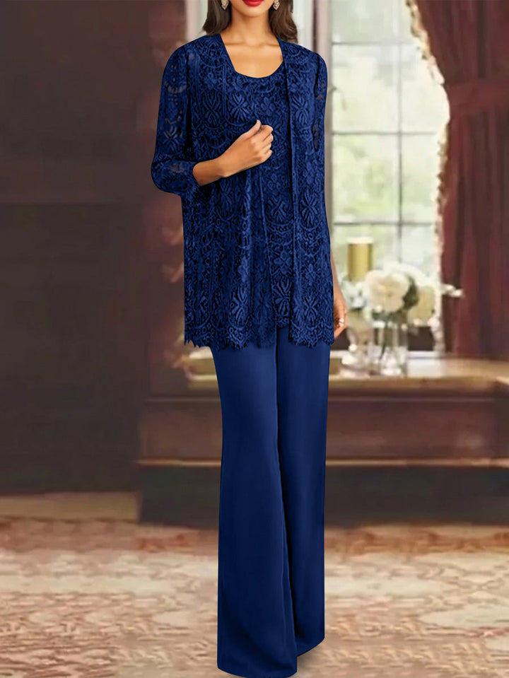 Chiffon Lace Scoop Ankle-Length Mother of the Bride Pantsuits with Jacket