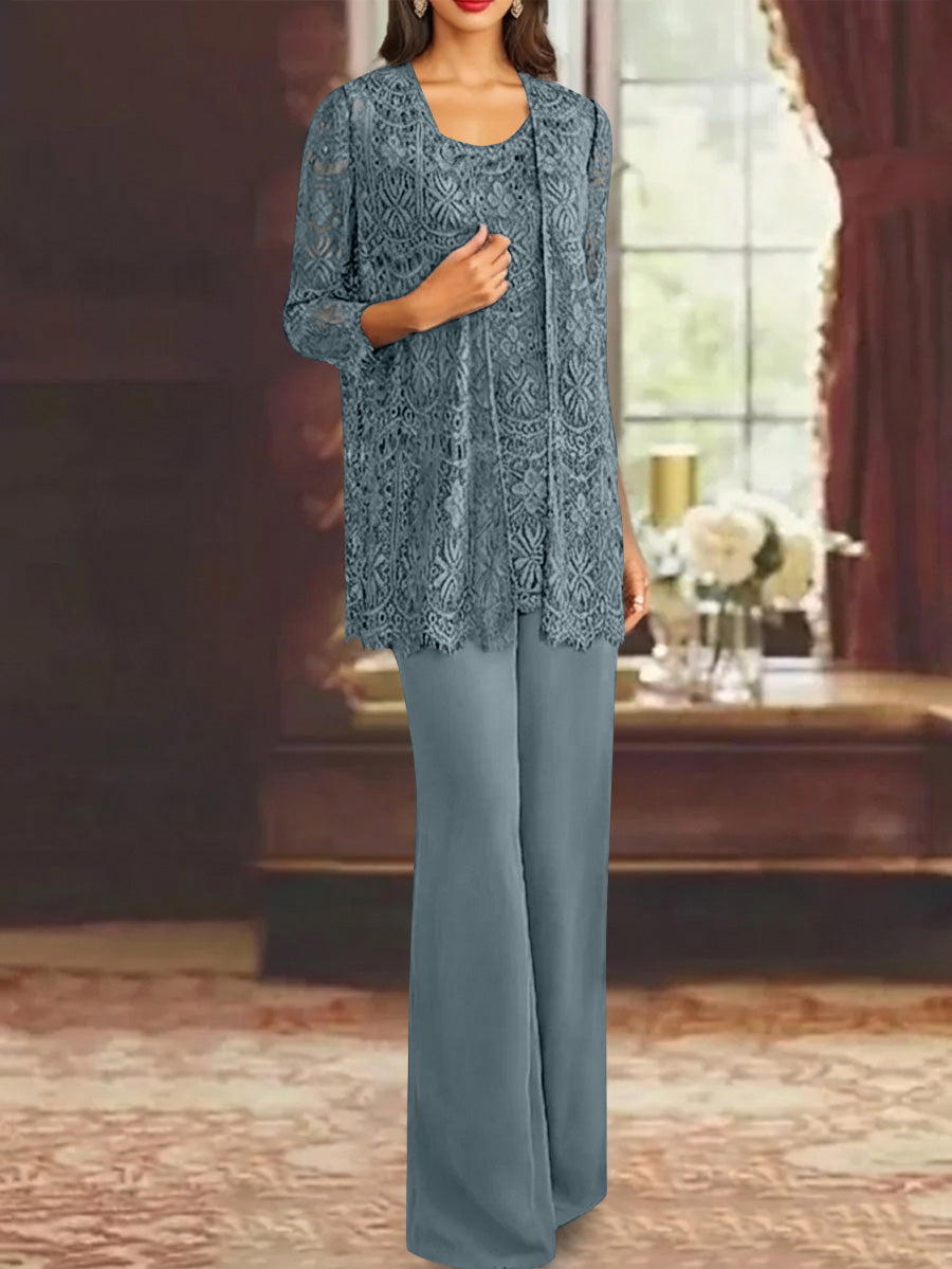 Chiffon Lace Scoop Ankle-Length Mother of the Bride Pantsuits with Jacket