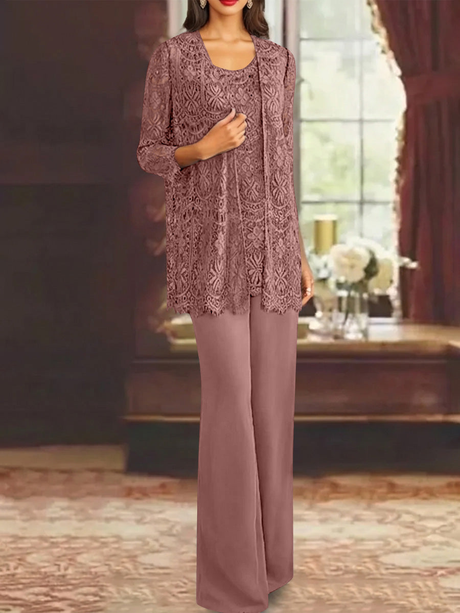 Chiffon Lace Scoop Ankle-Length Mother of the Bride Pantsuits with Jacket