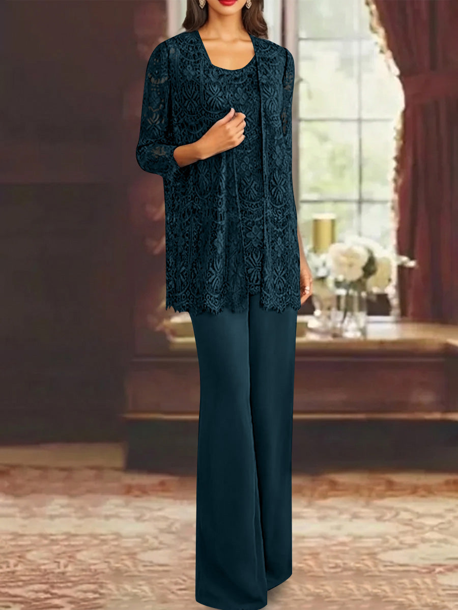 Chiffon Lace Scoop Ankle-Length Mother of the Bride Pantsuits with Jacket