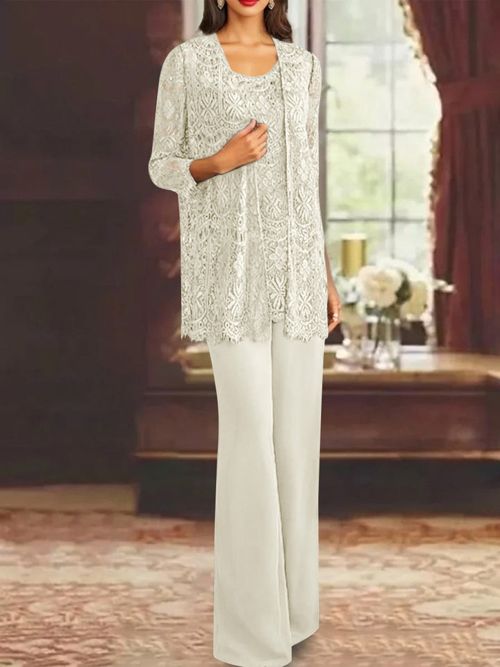 Chiffon Lace Scoop Ankle-Length Mother of the Bride Pantsuits with Jacket