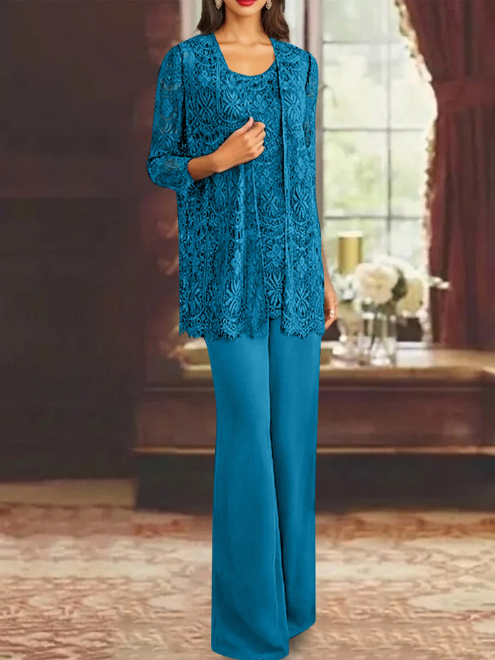 Chiffon Lace Scoop Ankle-Length Mother of the Bride Pantsuits with Jacket