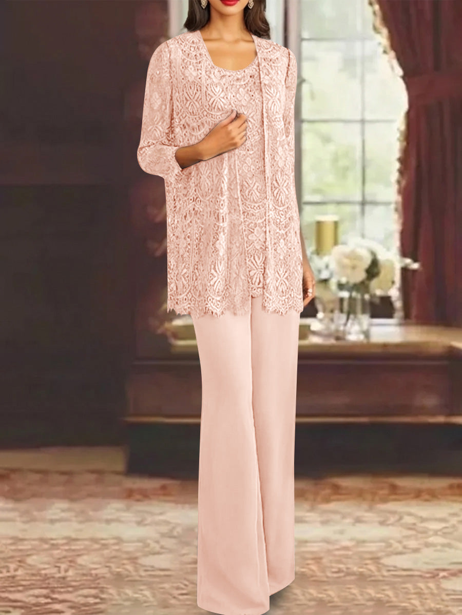 Chiffon Lace Scoop Ankle-Length Mother of the Bride Pantsuits with Jacket