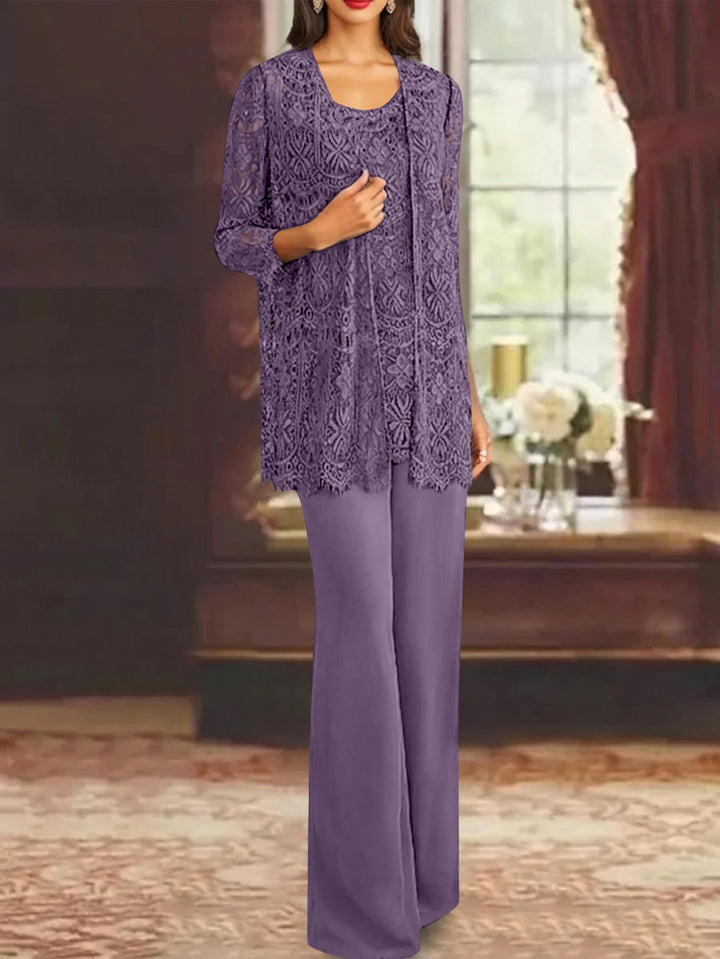 Chiffon Lace Scoop Ankle-Length Mother of the Bride Pantsuits with Jacket