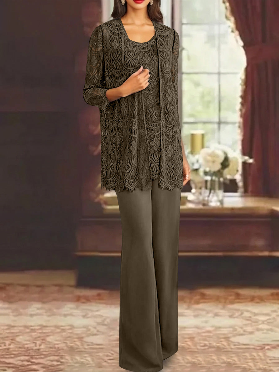 Chiffon Lace Scoop Ankle-Length Mother of the Bride Pantsuits with Jacket
