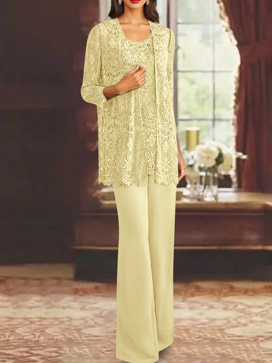 Chiffon Lace Scoop Ankle-Length Mother of the Bride Pantsuits with Jacket