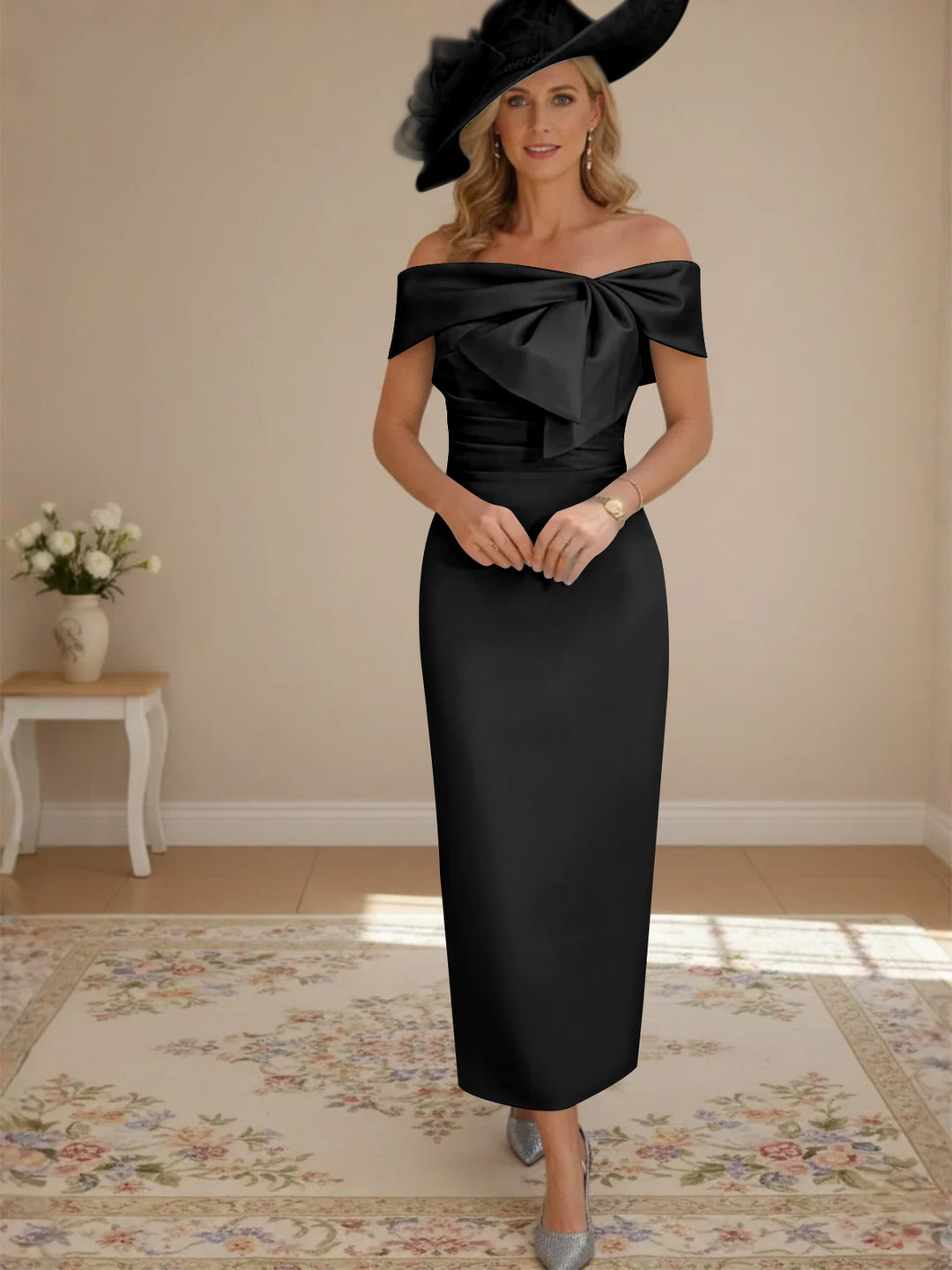 Sheath/Column Off-the-Shoulder Ankle-Length Mother of the Bride Dresses with Bowknot