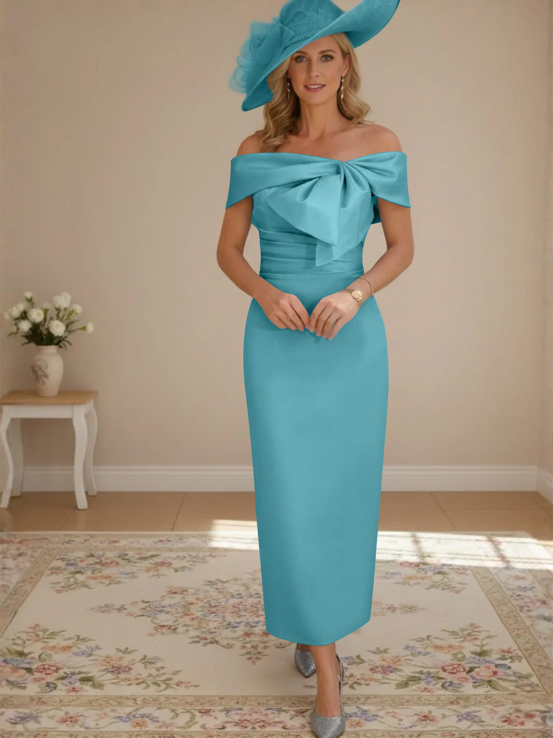 Sheath/Column Off-the-Shoulder Ankle-Length Mother of the Bride Dresses with Bowknot