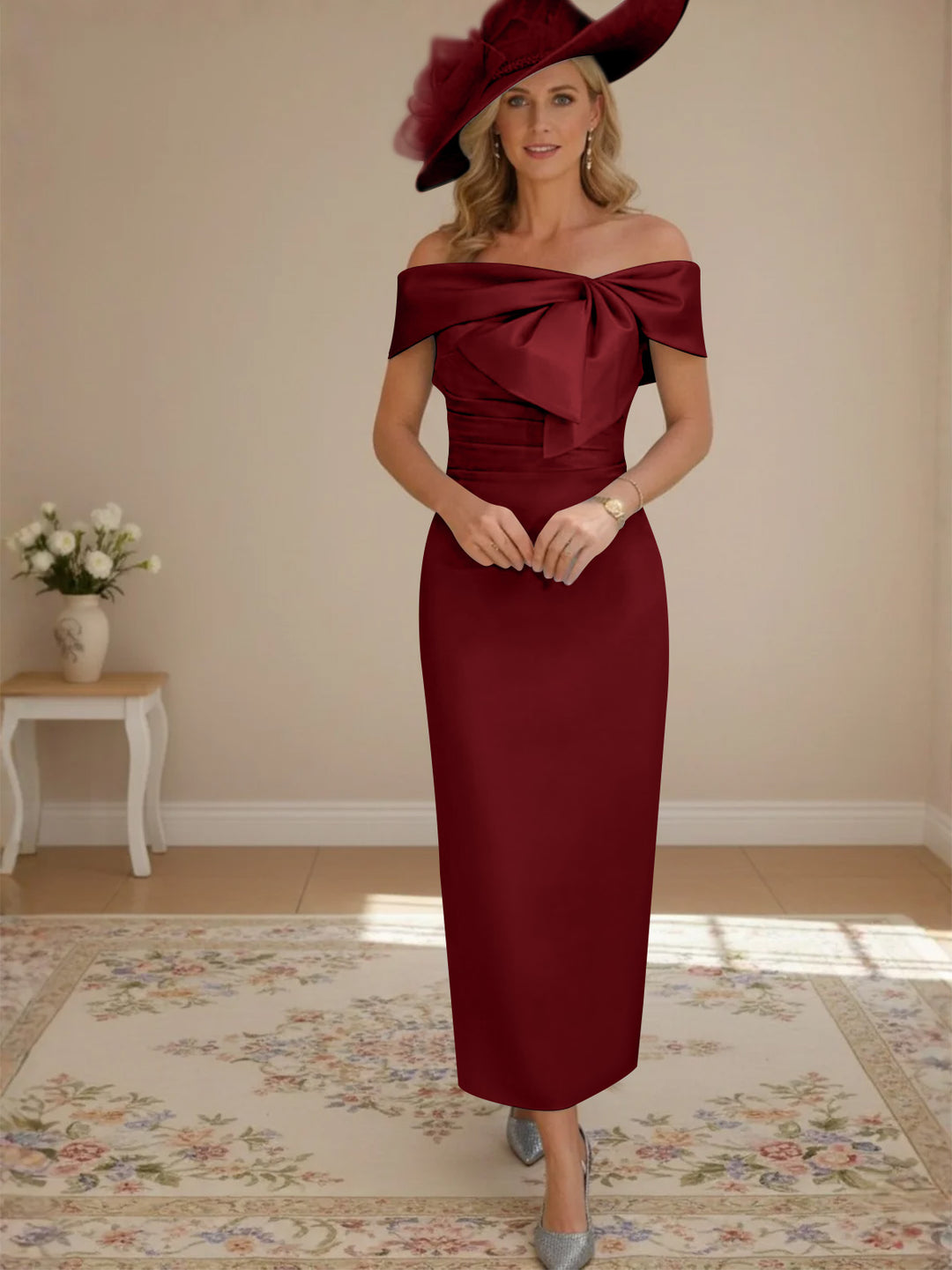 Sheath/Column Off-the-Shoulder Ankle-Length Mother of the Bride Dresses with Bowknot