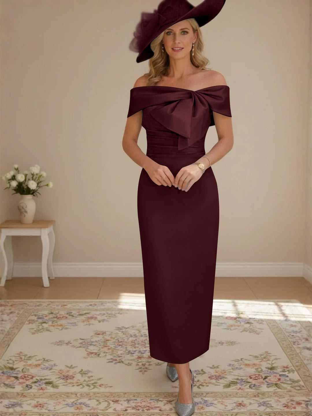 Sheath/Column Off-the-Shoulder Ankle-Length Mother of the Bride Dresses with Bowknot