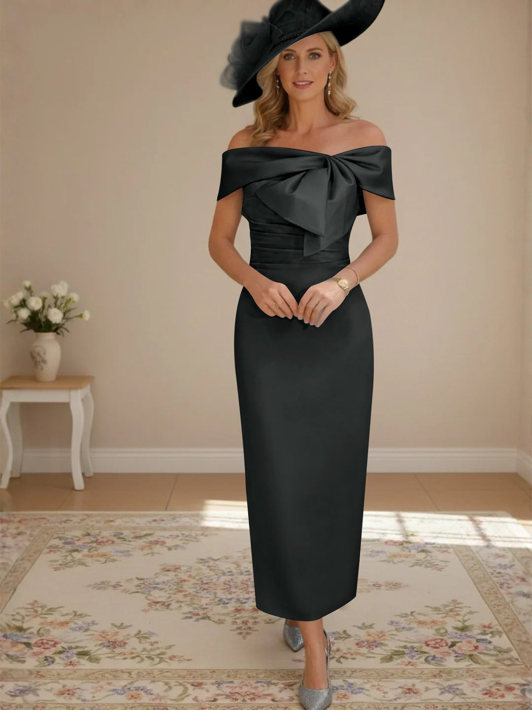 Sheath/Column Off-the-Shoulder Ankle-Length Mother of the Bride Dresses with Bowknot