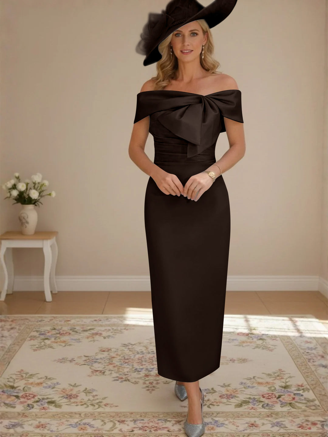 Sheath/Column Off-the-Shoulder Ankle-Length Mother of the Bride Dresses with Bowknot