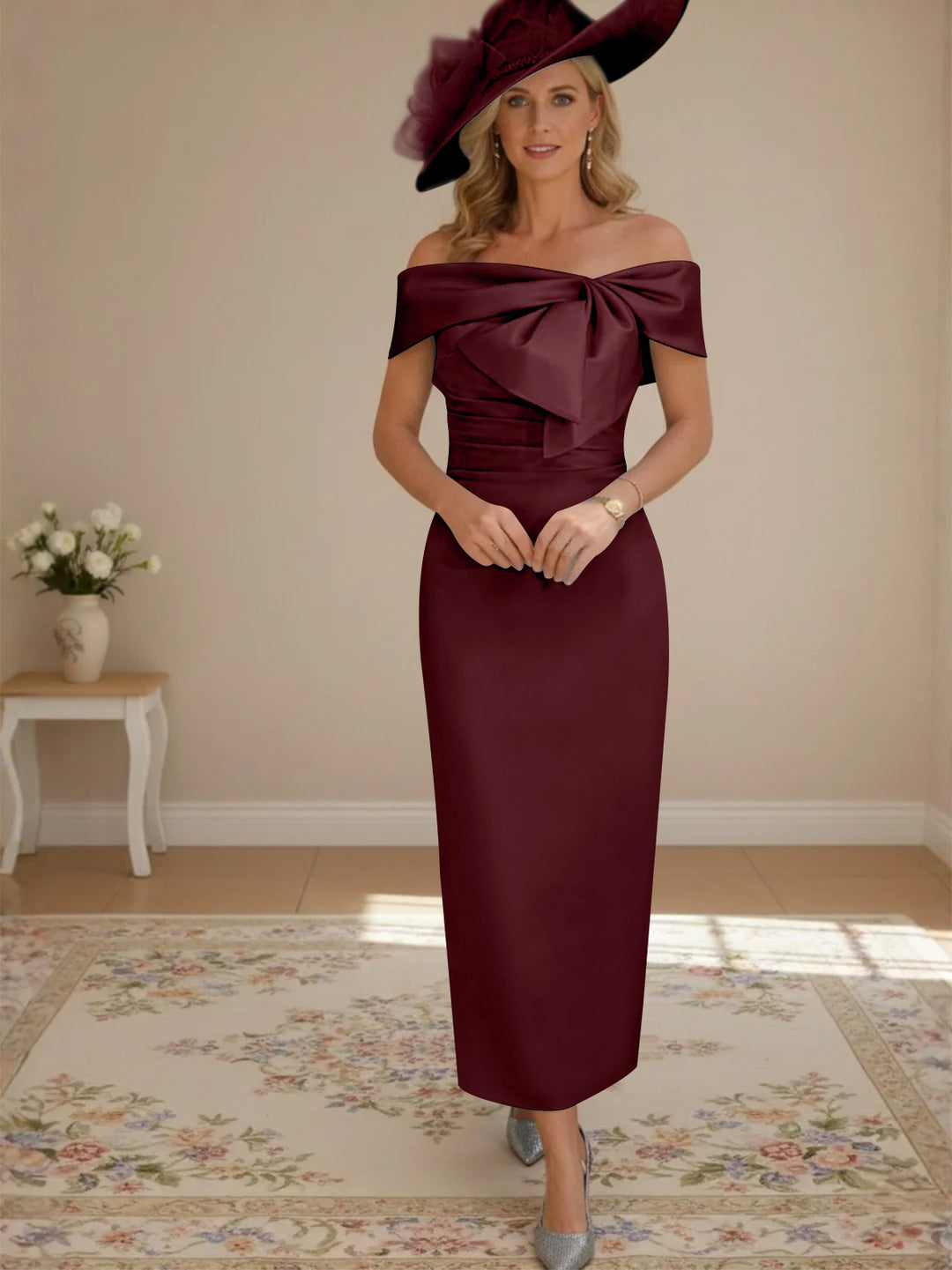 Sheath/Column Off-the-Shoulder Ankle-Length Mother of the Bride Dresses with Bowknot