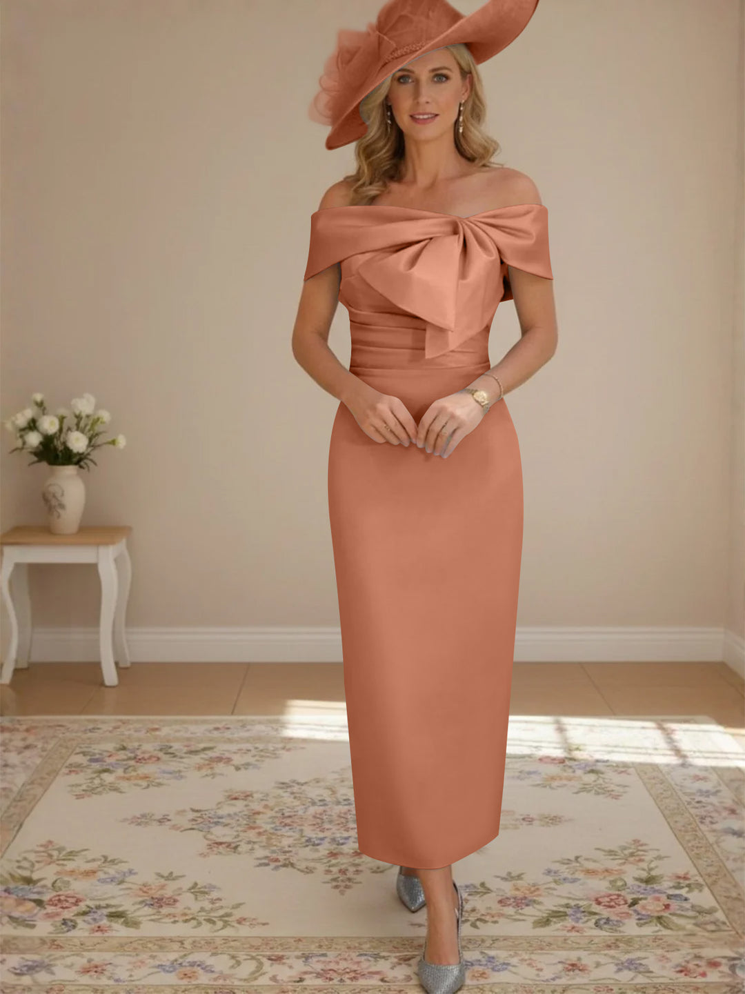 Sheath/Column Off-the-Shoulder Ankle-Length Mother of the Bride Dresses with Bowknot