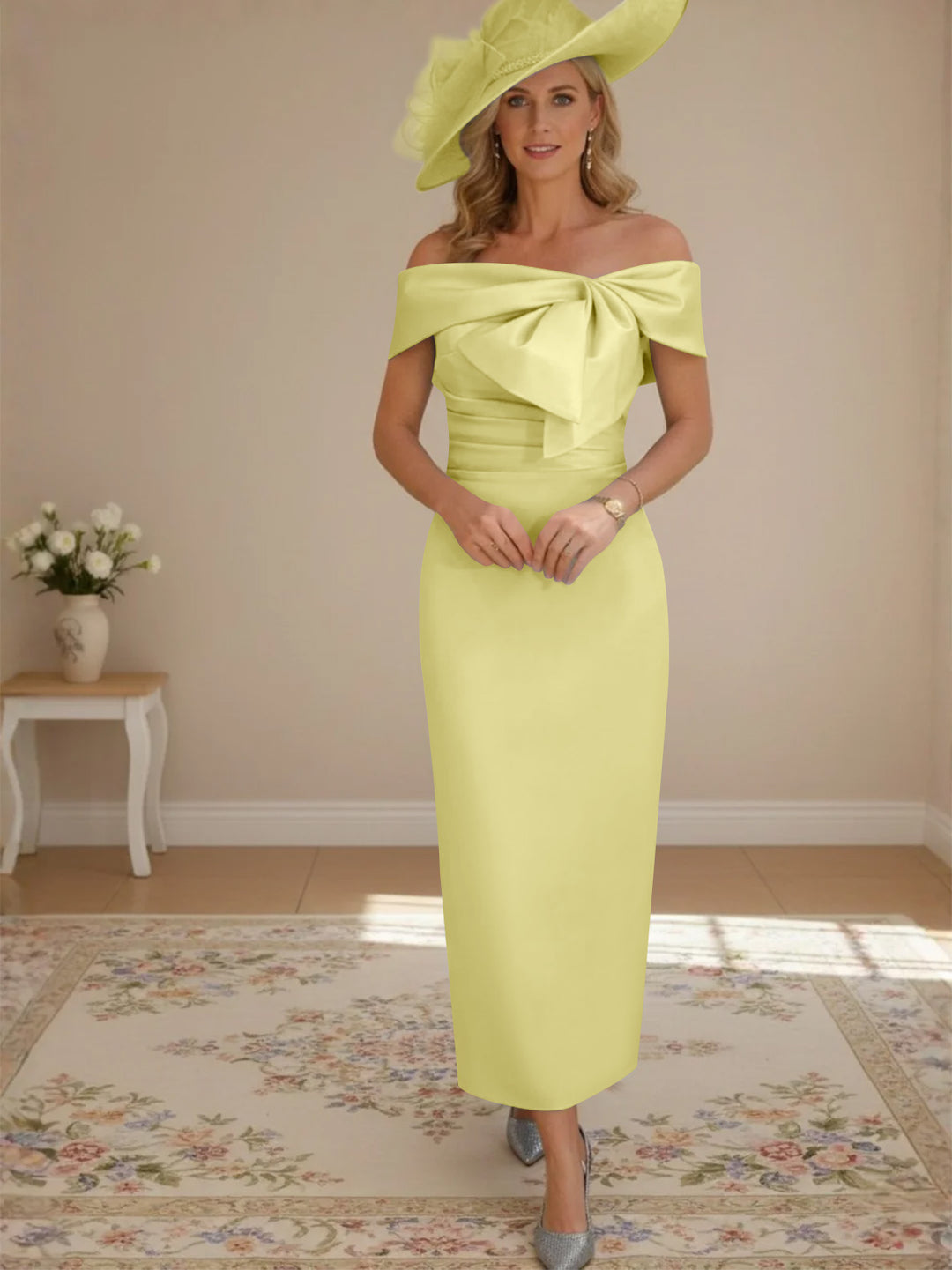 Sheath/Column Off-the-Shoulder Ankle-Length Mother of the Bride Dresses with Bowknot