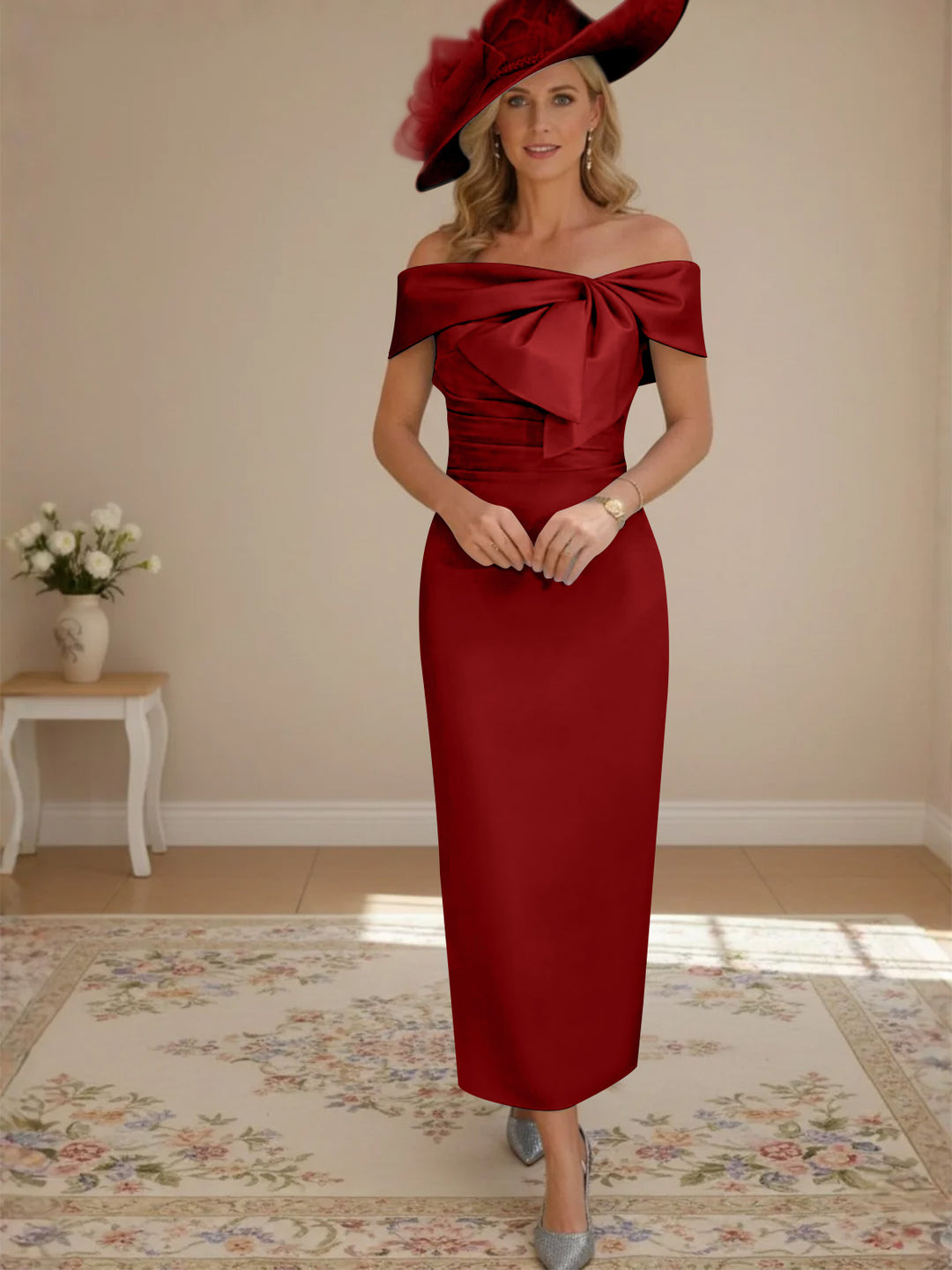 Sheath/Column Off-the-Shoulder Ankle-Length Mother of the Bride Dresses with Bowknot